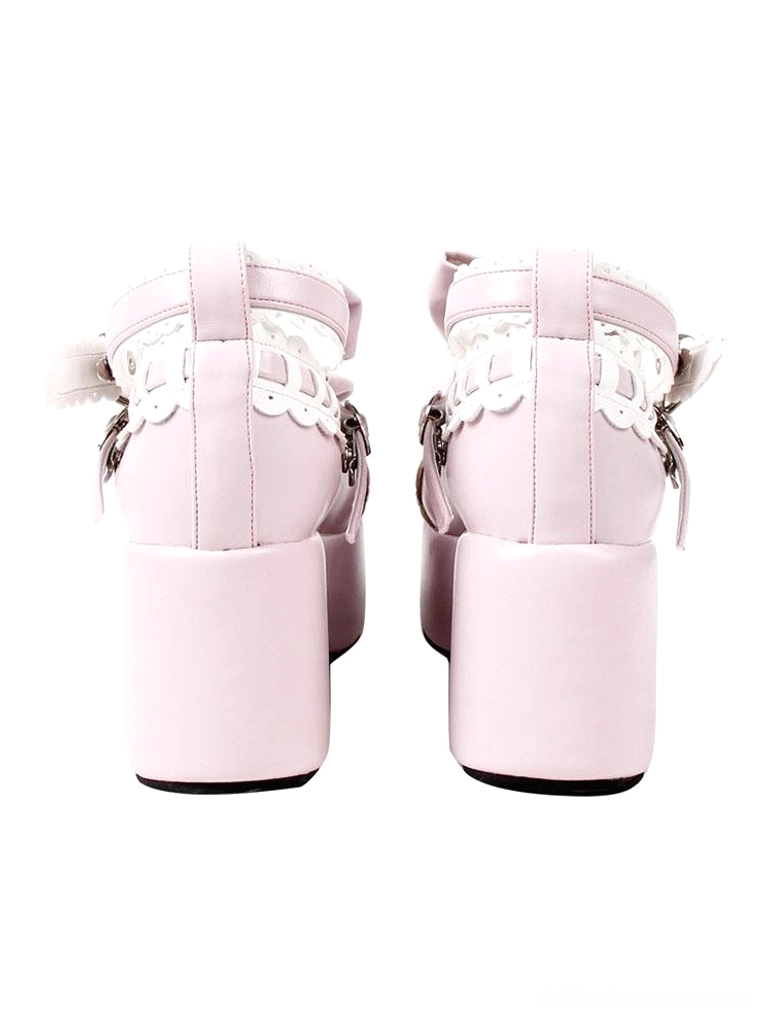 Light pink lolita platform shoes rear view with ankle zipper lace upper trim and block heel