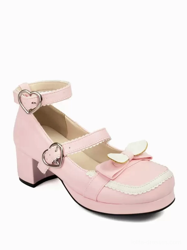 Light pink sweet lolita pumps with dual heart-buckle ankle straps decorative bow and block heel static side view detail shot