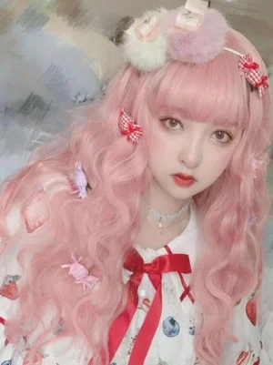 Three-quarter view of light pink wavy lolita wig with candy-shaped hairpins styled with fruit printed sweet lolita dress