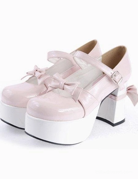 Light pink patent lolita Mary Jane platform heels with vamp bow thick platform block heel shown from side-front angle double shoes