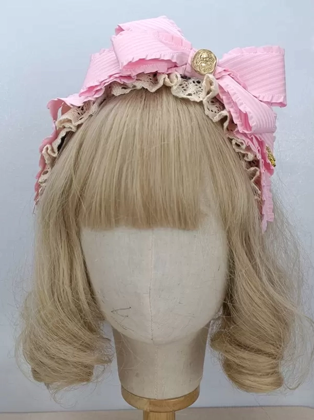 Light pink striped lolita bow hairband with beige ruffled perimeter and gold brooch - soft pastel sweet lolita hair accessory