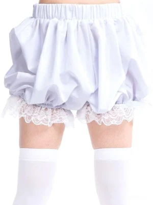 light-purple-sweet-lolita-bloomers-with-lace-trim-elastic-waistband-ruffled-puffball-silhouette-front-view-white-over-knee-socks