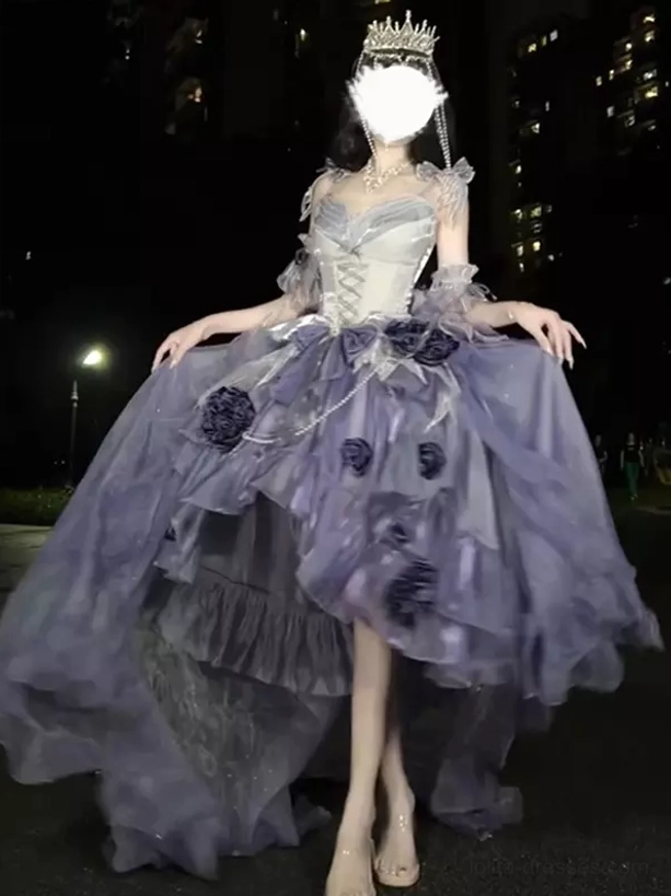 Front side view of light purple royal lolita fairy dress with crown veil accessory and dark floral tulle decorations in outdoor night setting