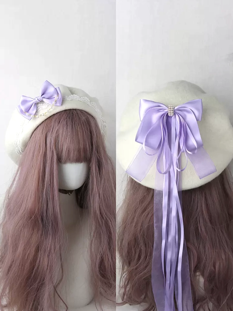 Light purple sweet lolita beret with satin bow ruffles and long tassel rhinestone decoration
