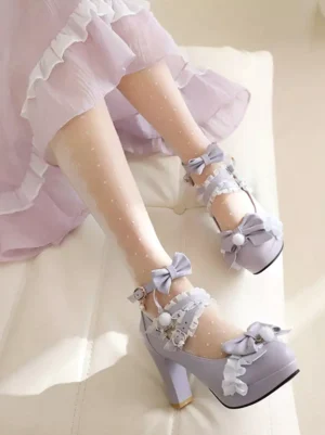 Light purple sweet lolita platform pumps top side view while sitting, ruffled lace straps and bow decorations, polka-dot sheer socks detail