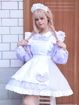 Light purple and white two-tone maid lolita dress with ruffled apron and bow decorations front view on model