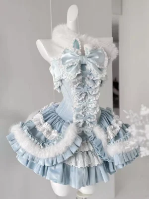 Light sky blue ballet lolita dress front view strapless with large bow and fuzzy fur trim
