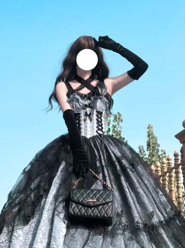 Alternative colorway showcase of gothic Lolita JSK ball gown in light sky blue featuring the same cross halter corset and floral design elements