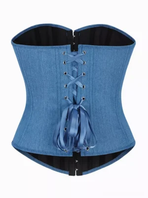 light sky blue denim corset with satin ribbon lace-up front metal eyelets and black inner lining flat view boned silhouette
