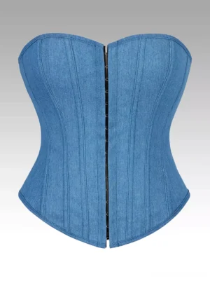 light sky blue denim strapless corset front flat view with metal hook-and-eye closure and vertical boned seams structured bustier top