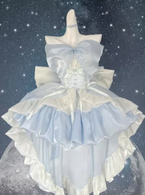 Front view of light sky blue fairy ballet sweet lolita dress with shiny satin fabric, layered ruffled hem, structured corset waist, and decorative chest bow against starry backdrop