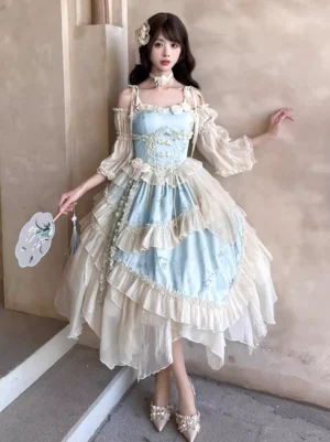 Light sky blue fairy lolita dress full front view with detachable cream puff sleeves, 3D rose corset lacing, and layered chiffon ruffles, styled with off-shoulder spaghetti straps, embroidered hand fan, and high heels for tea party occasion