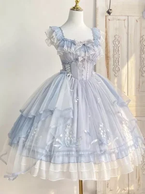 light sky blue fairy lolita dress full front view sleeveless ruffled square neckline front bow lily of the valley embroidery layered tulle skirt