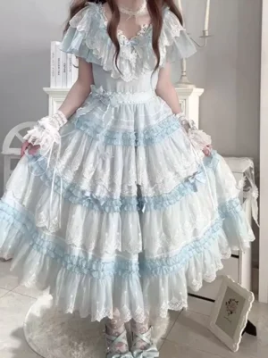 Light sky blue sweet fairy lolita one-piece tiered chiffon dress with ruffled lace short sleeves and layered skirt detail front view