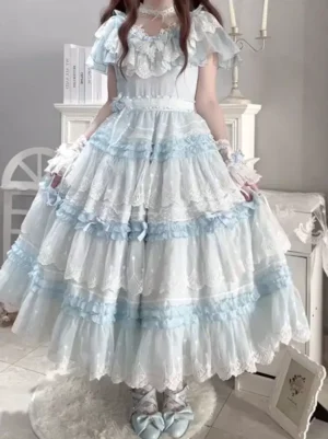 Complete light sky blue tiered lolita dress with delicate lace trim and bow flat shoes full front coordinate styling