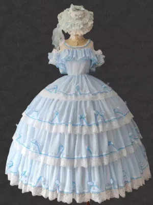 Light sky blue Hime Lolita jumper dress with tiered white tulle overskirt and ruffled off-shoulder collar, front view on mannequin with matching white lace hat