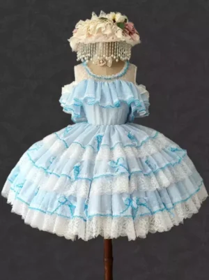 Light sky blue Hime Lolita jumper dress with off-shoulder ruffled neckline and tiered lace layered skirt, featuring Swiss dot fabric and blue ribbon bows, displayed on dress form