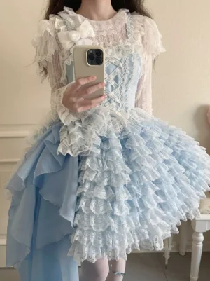 Light sky blue hime sweet lolita jumper dress with asymmetrical tiered ruffle skirt and white lace bodice front viewed from front full-body angle in mirror selfie