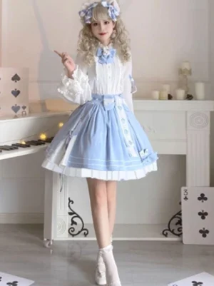 Light sky blue kimono lolita skirt with layered ruffled hem, white lace cuffs, and blue bow tie detail, front full view