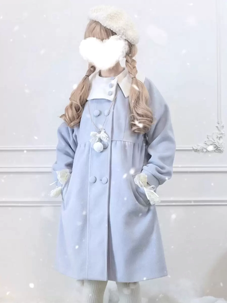 Light sky blue sweet lolita overcoat with contrast white collar, double-breasted design, fuzzy white hat, pom-pom and bow decorations