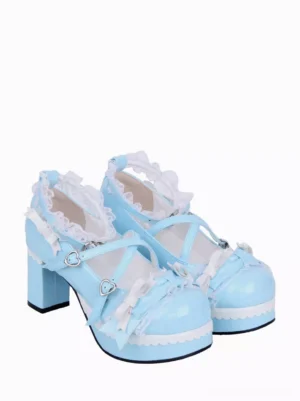 Sweet Lolita shoes in sky blue with white scalloped platform and bow decoration on vamp - side three-quarter view highlighting the chunky heel and platform elevation
