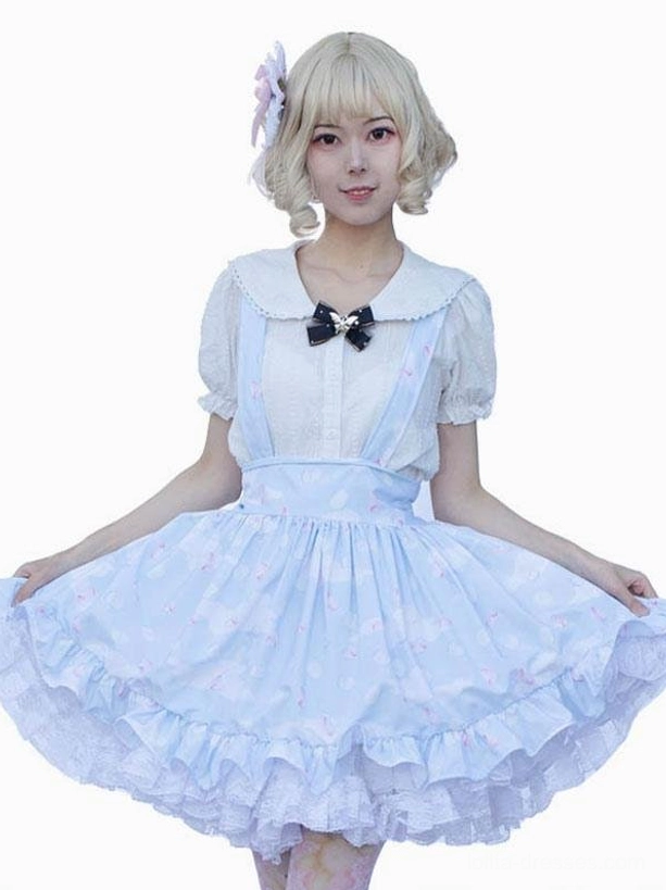 Back full-body view light sky blue lolita skirt with full flared silhouette, ruffled lace hem, pastoral style overskirt construction, studio lighting plain background