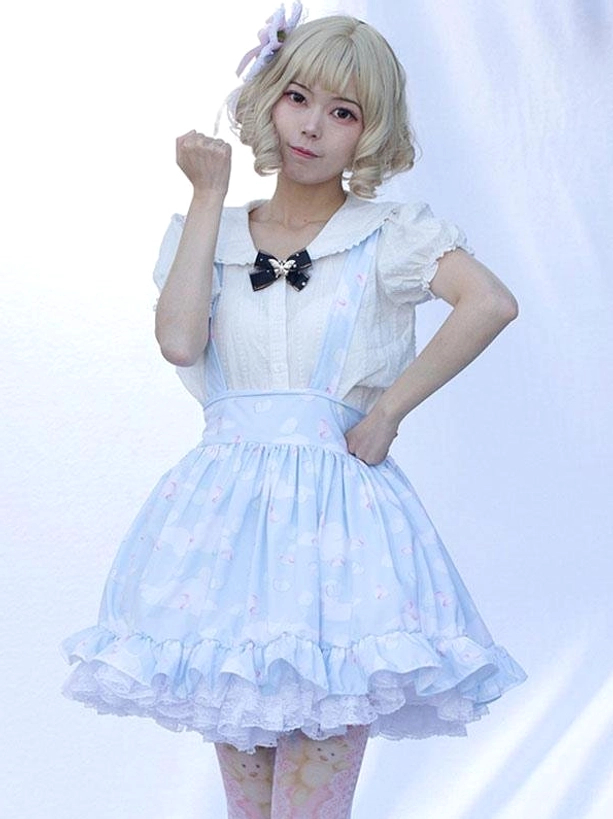 Front full-body view light sky blue suspender lolita skirt with adjustable straps, high waist fit, floral print pattern, ruffled lace trim, pastoral sweet lolita style