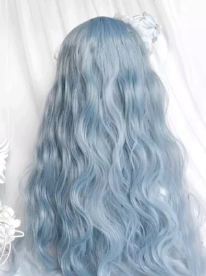 light sky blue lolita wig back view long wavy hair with flower clip elegant rear styling