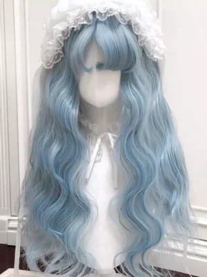 light sky blue long wavy lolita wig front view with blunt bangs and lace headdress sweet harajuku fashion aesthetic