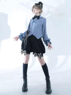 Ouji Lolita blouse three-quarter side angle showcasing asymmetrical hem design and structured silhouette with black striped trim