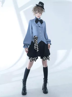 Light sky blue Ouji Lolita blouse full-body front view with bow tie and ruffled cuffs on androgynous model wearing mini top hat