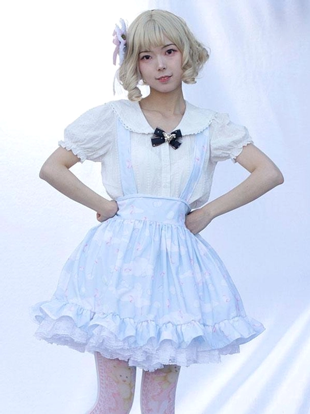 Front full-body view light sky blue pastoral lolita skirt with high waist silhouette, ruffled lace trim, hands-on-hips pose, floral print sweet lolita coordinate styling