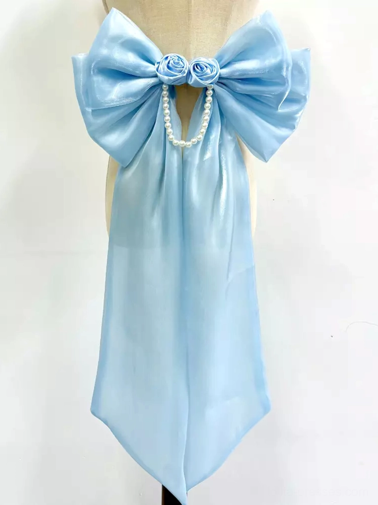 Light sky blue Rococo Lolita train accessory front view on mannequin with rose and pearl chain details