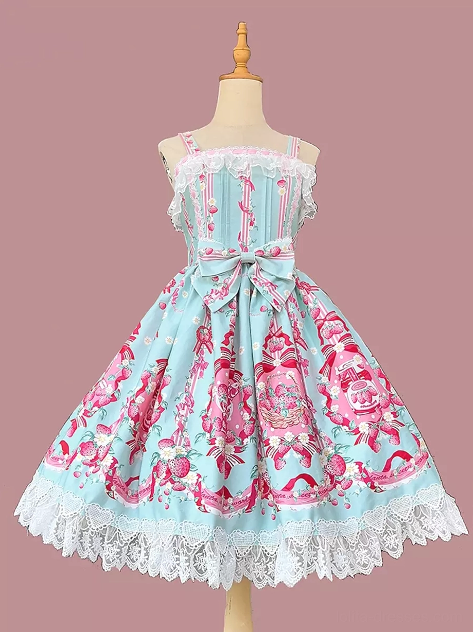 Light sky blue sleeveless sweet lolita dress front view featuring mint green base with pink floral print, white lace hem, front waist bow, spaghetti straps on pink background