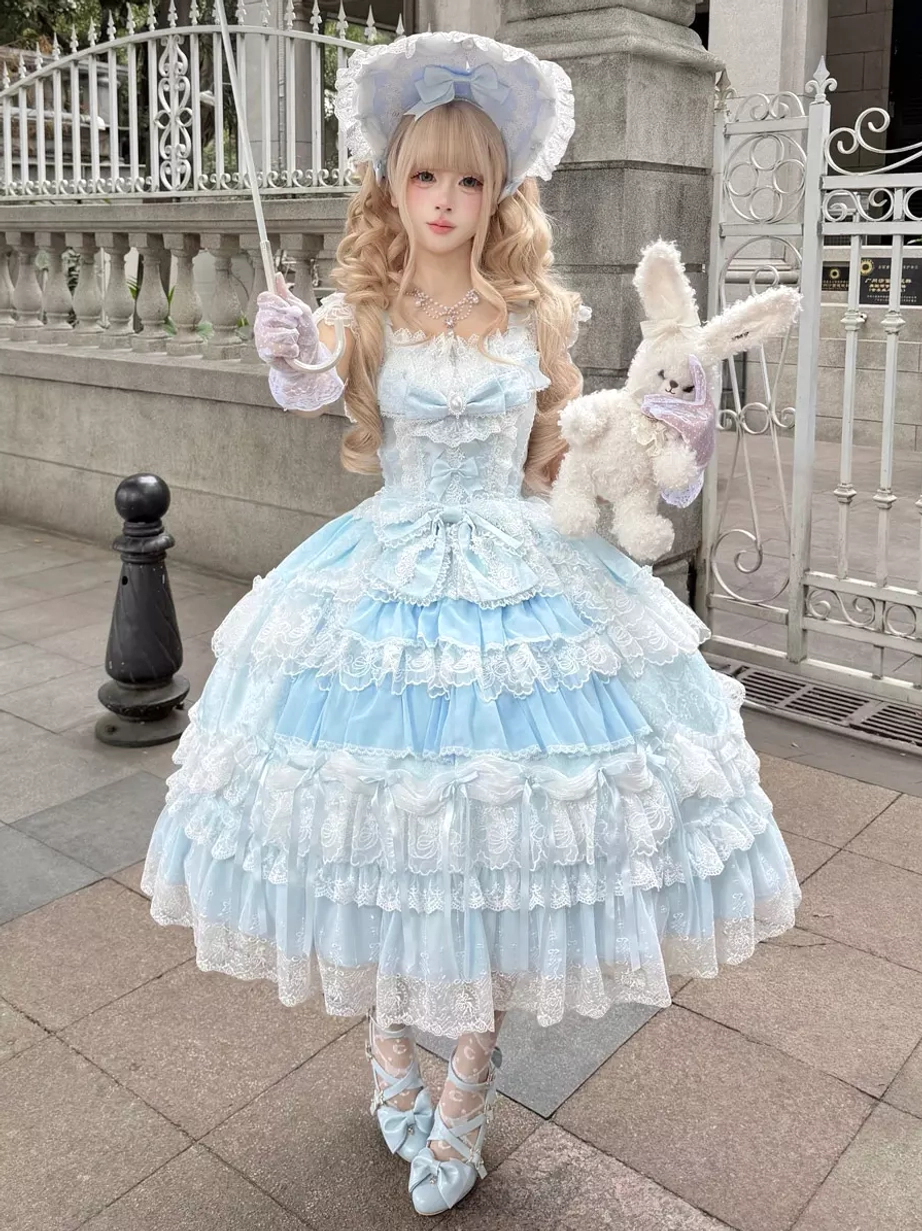 Light sky blue sweet lolita off-shoulder ball gown with ruffled tiered lace skirt and bonnet coordinate