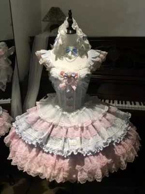 Light sky blue sweet lolita fairy dress full front view with layered ruffles tiered skirt and lace bodice displayed on dress form in elegant studio setting