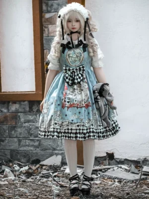 Light sky blue sweet lolita JSK dress with Alice in Wonderland cartoon prints, full-body front view featuring ruffled white sleeves and checkered hem detail