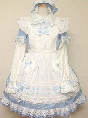 Light sky blue Sweet Lolita OP dress with lace trims, blue bows, ruffled hem, and pinafore-inspired details displayed on mannequin - front view sweet lolita one-piece cotton dress