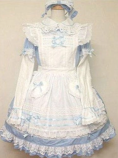 Light sky blue Sweet Lolita OP dress with lace trims, blue bows, ruffled hem, and pinafore-inspired details displayed on mannequin - front view sweet lolita one-piece cotton dress