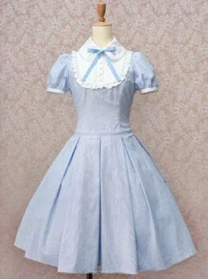 Light sky blue Sweet Lolita OP one-piece dress with short sleeves, white ruffled collar, blue bow accent, pleated flared skirt, and scalloped hem detail on mannequin display