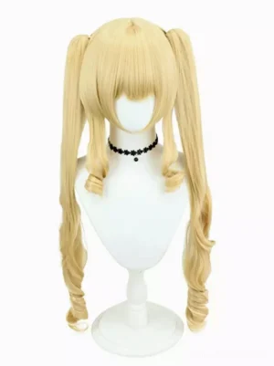 Light yellow spiral twin tails lolita wig front view with blunt bangs and curled ponytail ends on mannequin with black choker accessory