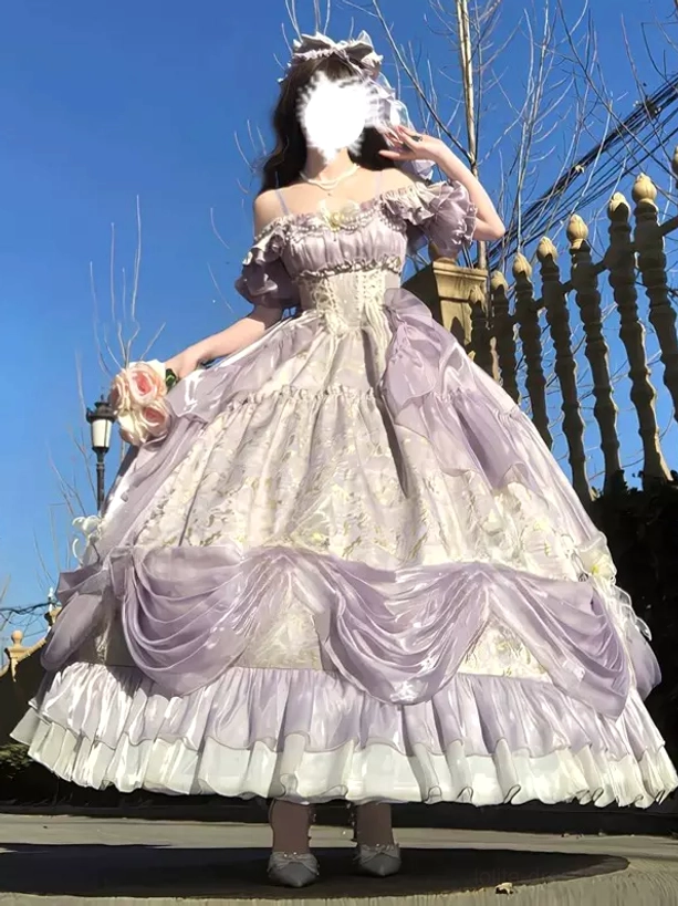 Lilac and beige Fairy Lolita ball gown with off-shoulder puff sleeves, ruffled layered skirt, full-body outdoor sunny street scene photograph