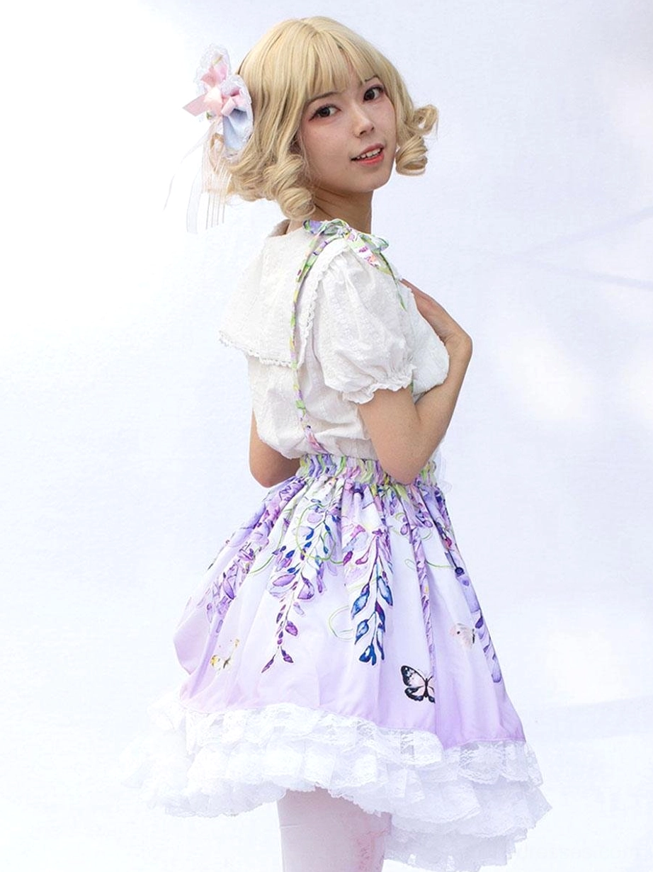 High waist silhouette purple floral print lolita skirt side back view studio background demonstrating dress structure and flared a-line shape