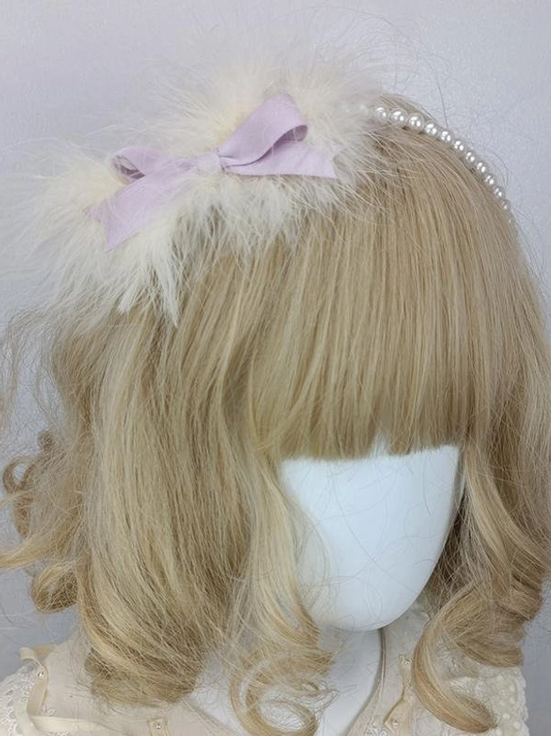 Lilac pastel purple satin bow lolita pearl headdress with white feather, sweet lolita hair accessory, enchanting romantic design