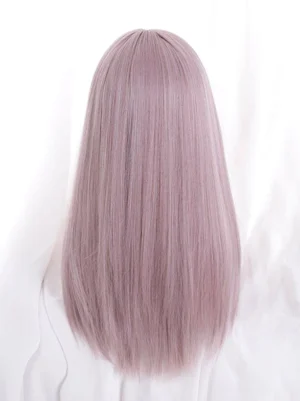 Back view of lilac purple lolita wig demonstrating middle-parted long straight hair structure and smooth synthetic fiber texture, without mannequin face visible