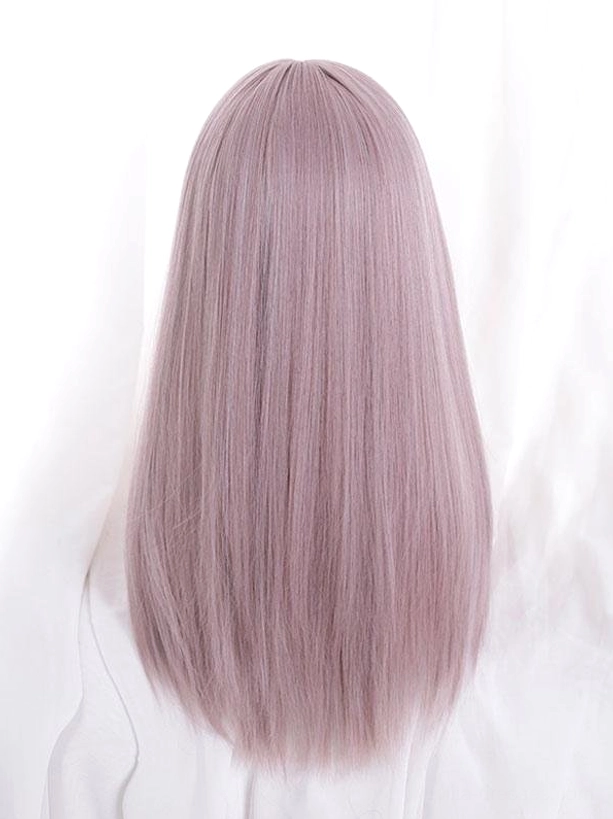 Back view of lilac purple lolita wig demonstrating middle-parted long straight hair structure and smooth synthetic fiber texture, without mannequin face visible