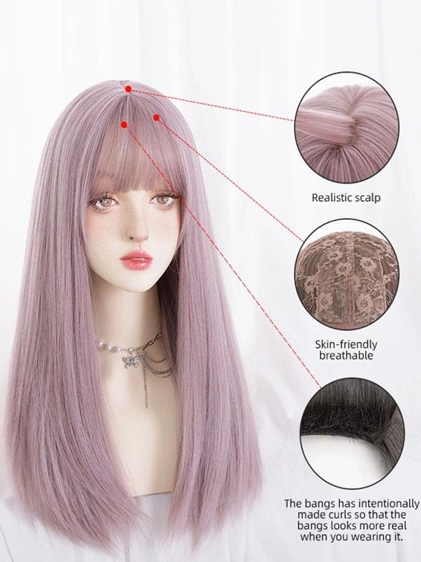 Close-up front view of lilac purple long straight lolita wig on female mannequin showing detailed realistic scalp, breathable lace cap construction, and natural pre-curved bangs