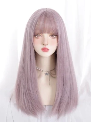 Front view of lilac purple long straight lolita wig with pre-curved bangs on female mannequin head, showcasing realistic scalp and sleek heat-resistant synthetic fiber texture