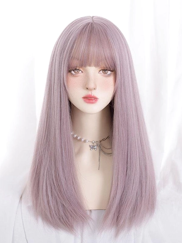 Front view of lilac purple long straight lolita wig with pre-curved bangs on female mannequin head, showcasing realistic scalp and sleek heat-resistant synthetic fiber texture