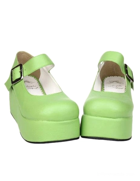 Lime green Lolita platform Mary Jane shoes flat front paired view metal buckle ankle straps thick platform sole